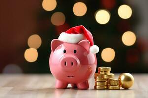 ai generado cerdito banco con Papa Noel sombrero para Navidad gasto presupuesto y dinero administración foto