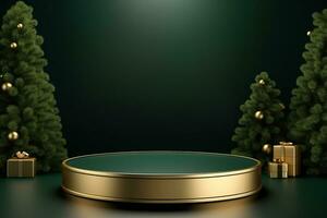AI generated merry Christmas 3d rendered red Podium display for event photo