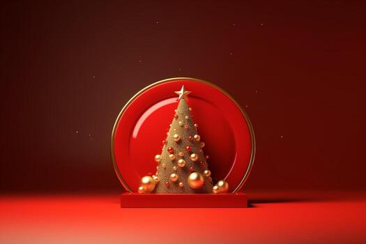 AI generated Red Decorated Christmas tree with gift and copy space red isolated background photo