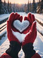 ai generado manos participación corazón forma por nieve foto