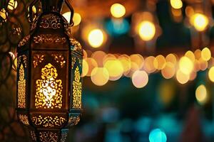 AI generated An illuminated Arabic colorful hanging Ramadan lantern photo