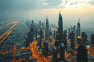 AI generated Dubai City Skyline With a Tall Tower Created With Generative AI Technology photo