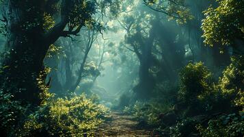 ai generado susurro bosque, ligero perfora el lozano verde bosque foto