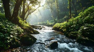AI generated Golden Rays Over a Rugged Forest Stream photo