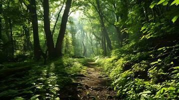 ai generado encantado bosque sendero en el Mañana ligero foto