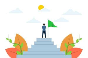 concept of reaching the pinnacle of career or success, an entrepreneur has reached the top of the ladder of success or goal. Businessman standing on stairs with flag. leaders achieve goals. vector. vector