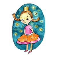 Watercolor illustrations cute girl in pink orange dress. Fairy tale character. Kids illustration. photo