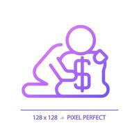 2D pixel perfect gradient greed icon, isolated vector, thin line purple illustration representing psychology. vector