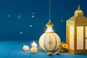 AI generated Celebration of islamic eid mubarak and eid al adha lantern background and banner Design. Pro Photo