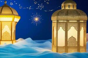AI generated Celebration of islamic eid mubarak and eid al adha lantern background and banner Design. Pro Photo
