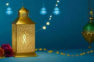 AI generated Celebration of islamic eid mubarak and eid al adha lantern background and banner Design. Pro Photo