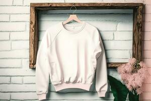 AI generated White sweater on a pink background. Mockup template for print design. Neural network AI generated photo