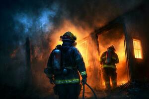 AI generated Firefighters crew fighting fire accident at nighttime. Neural network generated art photo