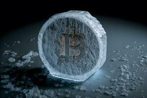 AI generated Bitcoin frozen inside ice cube, Bitcoin price crisis concept. Neural network generated art photo