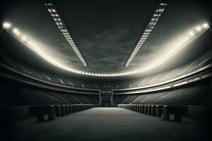 ai generado interior ver de un iluminado fútbol estadio para un juego. neural red generado Arte foto