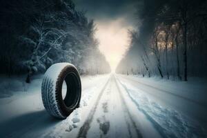 AI generated Winter tire on ice. Neural network AI generated photo