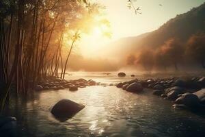 AI generated River and forest landscape sunset. Neural network AI generated photo