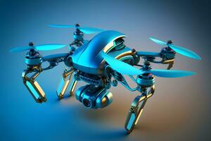 AI generated Realistic quadrocopter drone with propeller fans on glowing blue background. Neural network generated art photo