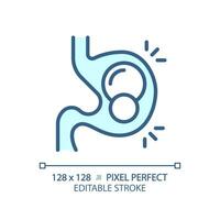 2D pixel perfect editable blue pills in stomach icon, isolated monochromatic vector, thin line illustration representing metabolic health. vector