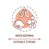 2D editable thin line icon kids asthma concept, isolated monochromatic vector, red illustration representing parenting children with health issues. vector