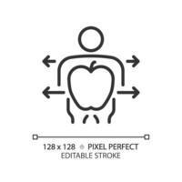 2D pixel perfect editable black healthy human and fruit icon, isolated monochromatic vector, thin line illustration representing metabolic health. vector