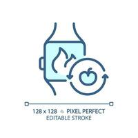 2d píxel Perfecto editable azul reloj inteligente con Fruta icono, aislado monocromo vector, Delgado línea ilustración representando metabólico salud. vector