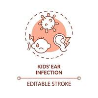 2D editable thin line icon kids ear infection concept, isolated monochromatic vector, red illustration representing parenting children with health issues. vector