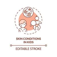 2D editable thin line icon skin conditions in kids concept, isolated monochromatic vector, red illustration representing parenting children with health issues. vector