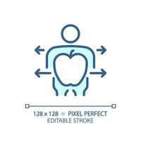 2D pixel perfect editable blue healthy human and fruit icon, isolated monochromatic vector, thin line illustration representing metabolic health. vector