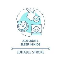 2D editable thin line icon adequate sleep in kids concept, isolated monochromatic vector, blue illustration representing parenting children with health issues. vector