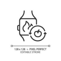 2D pixel perfect editable black smartwatch with fruit icon, isolated monochromatic vector, thin line illustration representing metabolic health. vector