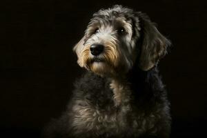 ai generado dorado labradoodle perro en un negro antecedentes. neural red ai generado foto