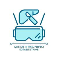 2d píxel Perfecto editable azul futurista dispositivo y vr gafas de protección icono, aislado monocromo vector, Delgado línea ilustración representando realidad virtual, Arkansas y Sres. vector