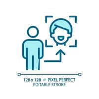 2D pixel perfect editable blue face recognition icon, isolated monochromatic vector, thin line illustration representing VR, AR and MR. vector