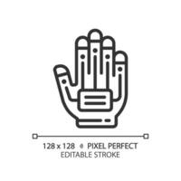 2D pixel perfect editable black haptic glove icon, isolated simple vector, thin line illustration representing VR, AR and MR. vector