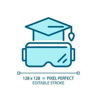 2D pixel perfect editable blue VR goggles and education icon, isolated monochromatic vector, thin line illustration representing VR, AR and MR. vector