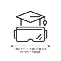 2D pixel perfect editable black VR goggles and education icon, isolated simple vector, thin line illustration representing VR, AR and MR. vector