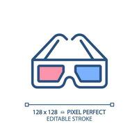 2D pixel perfect editable 3D goggles icon, isolated monochromatic vector, thin line illustration representing VR, AR and MR. vector