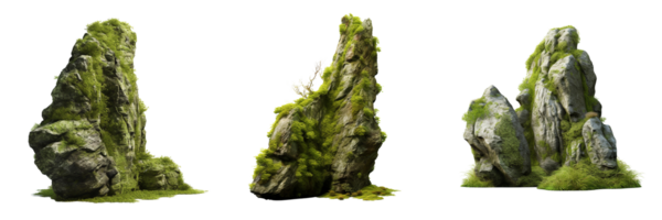AI generated beautiful natural tall rock with moss on transparent background png