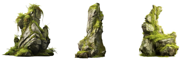 AI generated beautiful natural tall rock with moss on transparent background png