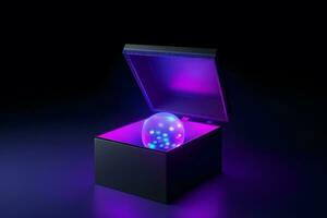 AI generated Gift box on a dark magic background with light bokeh. Festive background, magic box with a gift. Neural network AI generated photo