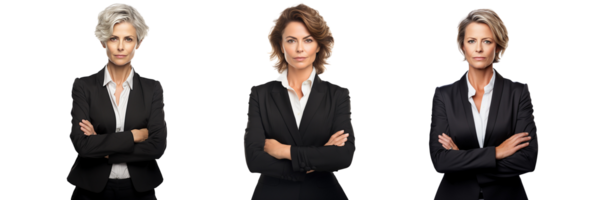 AI generated three business women in suits standing with their arms crossed on transparent background png