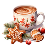 ai generado Navidad taza de caliente chocolate con galletas y pan de jengibre en un plato png