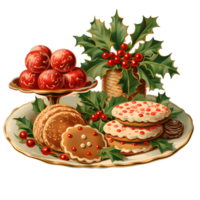 AI generated christmas cookies and holly berries on a plate png