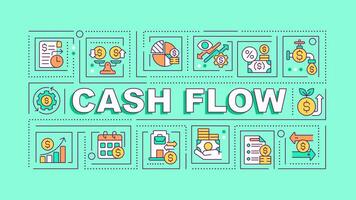 2D cash flow text with various thin line icons concept on green monochromatic background, editable vector illustration.