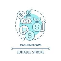 2D editable blue cash inflows icon, monochromatic isolated vector, thin line illustration representing cash flow management. vector