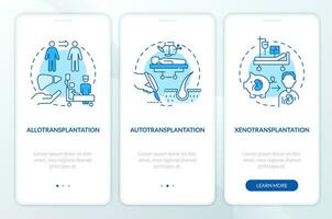 2D blue icons representing cell therapy strategies mobile app screen set. Walkthrough 3 steps monochromatic graphic instructions with thin line icons concept, UI, UX, GUI template. vector