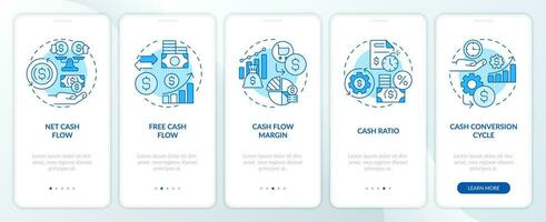 2D icons representing key metrics cash flow monochromatic mobile app screen set. Walkthrough 5 steps blue graphic instructions with line icons concept, UI, UX, GUI template. vector