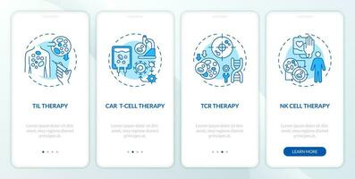 2d azul íconos representando célula terapia tipos de inmunoterapia móvil aplicación pantalla colocar. recorrido 4 4 pasos monocromo gráfico instrucciones con Delgado línea íconos concepto, ui, ux, gui modelo. vector