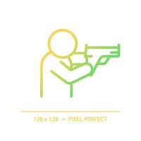 2d píxel Perfecto degradado disparo postura icono, aislado vector, Delgado línea ilustración representando armas vector